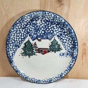 3 Folk Craft Cabin In Snow Dinner Plates 10" Blue White Winter sponge paint dish